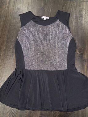Lapis Black Silver Metallic Peplum Top Lace Cutout Back Size L